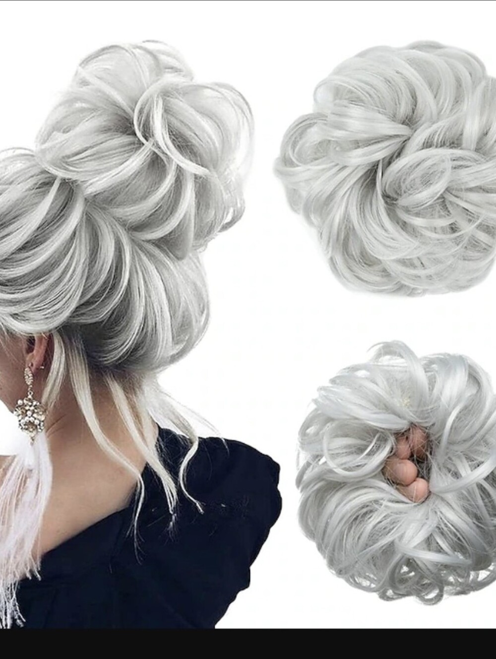 NWOT Silver Grey Messy Bun Hair Piece Extension Scranchie - Platinum Curly Updo